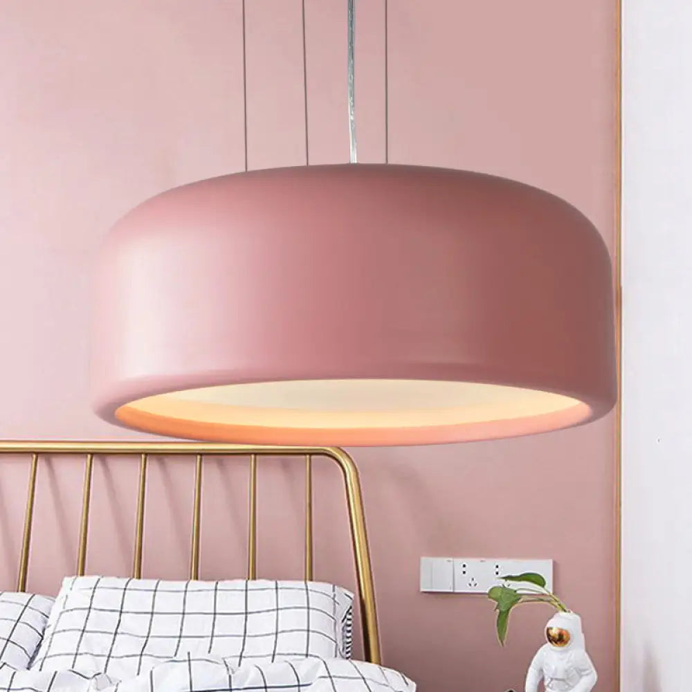 Modernist 1-Light Bedroom Pendant with Drum Metal Shade and Diffuser, 14"/19"/23.5" Wide - Pink/Blue/Green Hanging Light Kit