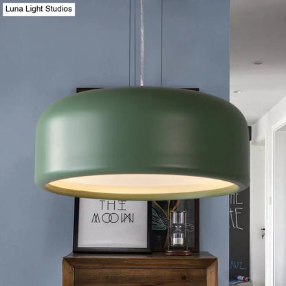 Modernist 1-Light Bedroom Pendant with Drum Metal Shade and Diffuser, 14"/19"/23.5" Wide - Pink/Blue/Green Hanging Light Kit