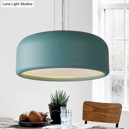 Modernist 1-Light Bedroom Pendant with Drum Metal Shade and Diffuser, 14"/19"/23.5" Wide - Pink/Blue/Green Hanging Light Kit