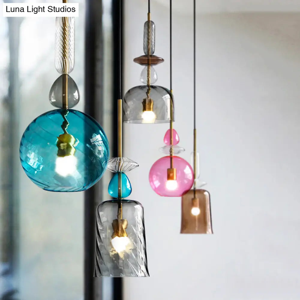 Modernist 1-Light Suspension Pendant with Pink/Blue/Amber Globe/Cylindrical/Dome Design - Smooth/Water Glass Ceiling Light