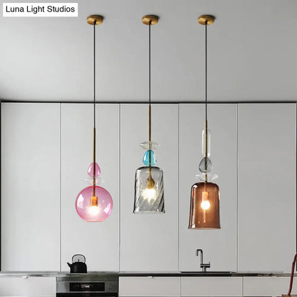 Modernist 1-Light Suspension Pendant with Pink/Blue/Amber Globe/Cylindrical/Dome Design - Smooth/Water Glass Ceiling Light