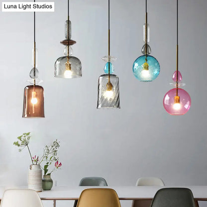 Modernist 1-Light Suspension Pendant with Pink/Blue/Amber Globe/Cylindrical/Dome Design - Smooth/Water Glass Ceiling Light