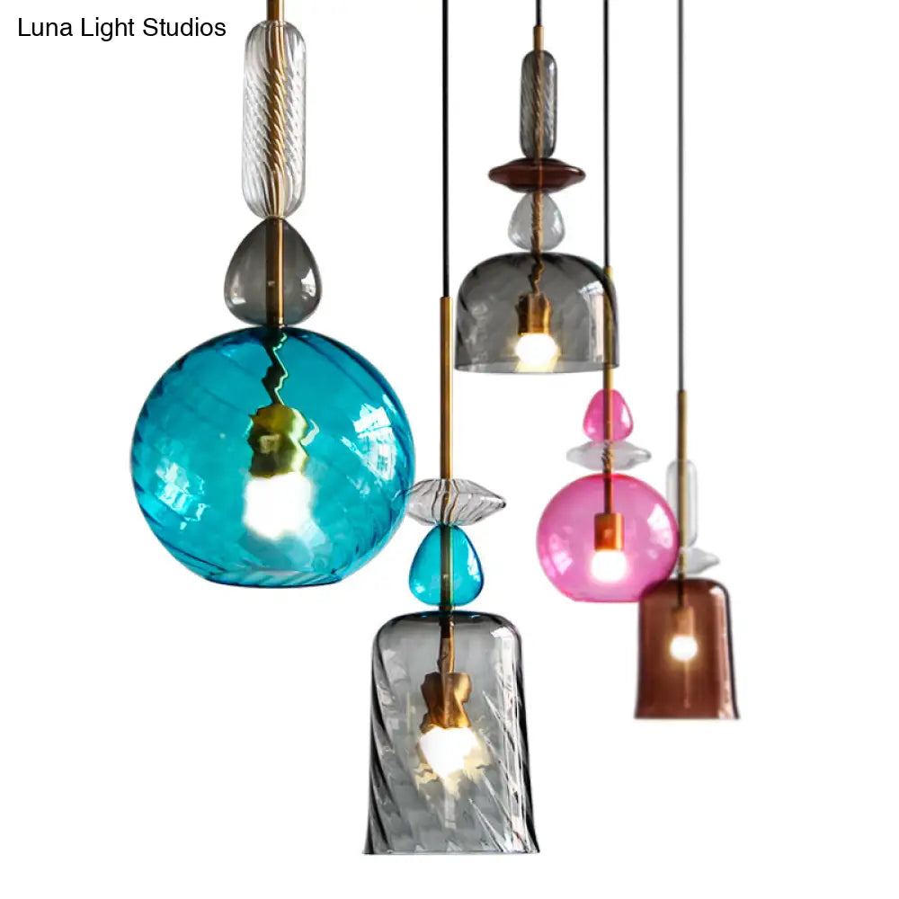 Modernist 1-Light Suspension Pendant with Pink/Blue/Amber Globe/Cylindrical/Dome Design - Smooth/Water Glass Ceiling Light