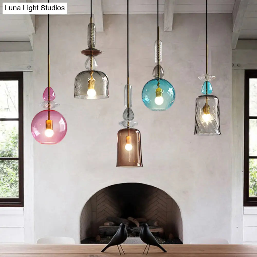 Modernist 1-Light Suspension Pendant with Pink/Blue/Amber Globe/Cylindrical/Dome Design - Smooth/Water Glass Ceiling Light