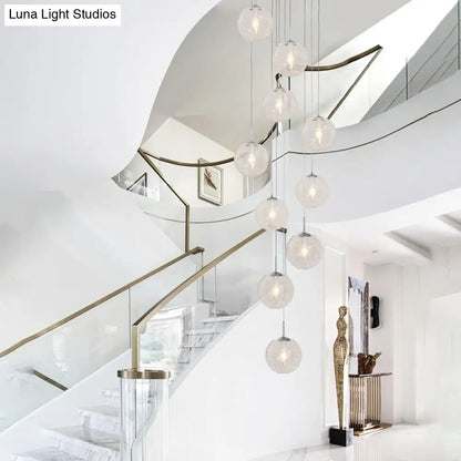 Modernist 10-Head Clear Glass LED Stair Pendant Ceiling Light - Global Style in White