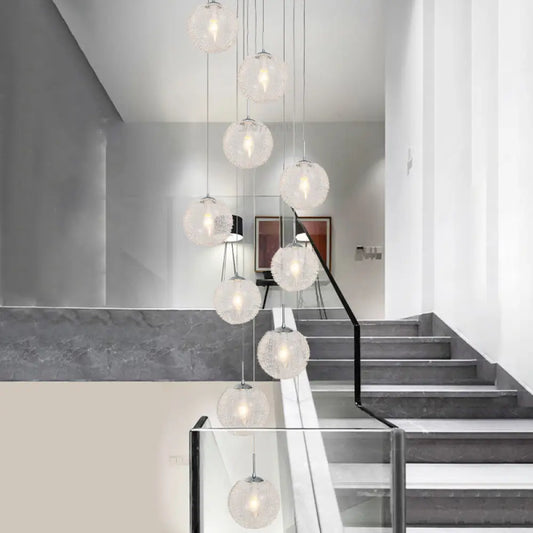 Modernist 10-Head Clear Glass LED Stair Pendant Ceiling Light - Global Style in White