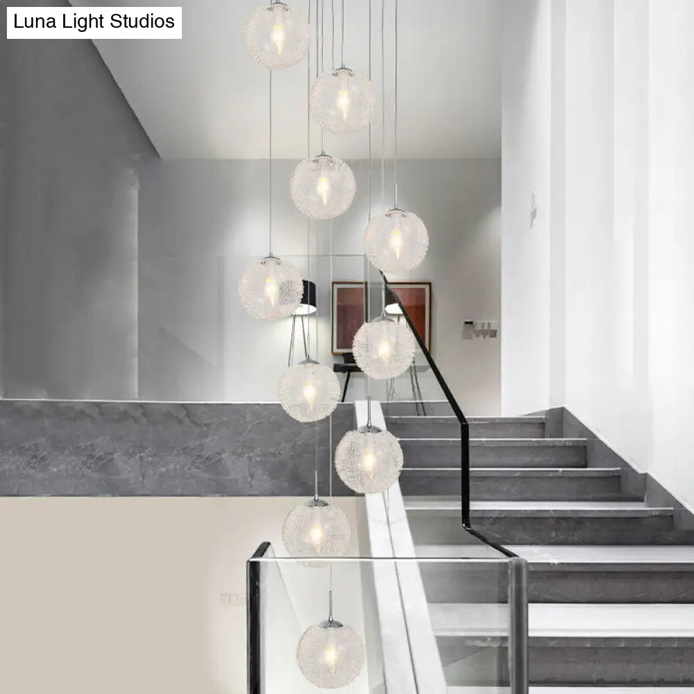 Modernist 10-Head Clear Glass LED Stair Pendant Ceiling Light - Global Style in White