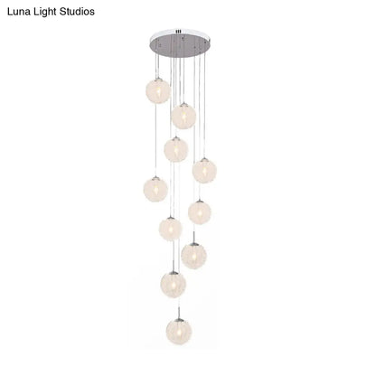 Modernist 10-Head Clear Glass LED Stair Pendant Ceiling Light - Global Style in White