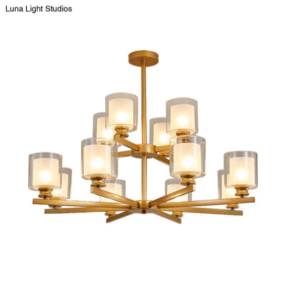 Lámpara de araña modernista de cristal blanco de dos niveles con diseño radial - 12 luces: Lámpara colgante negra/dorada/plateada