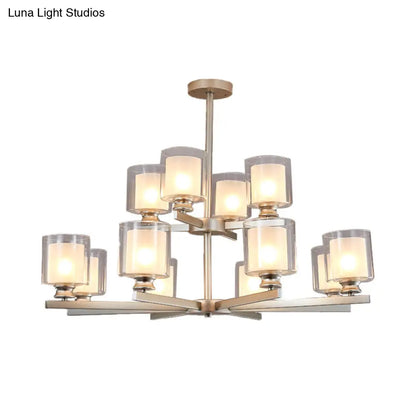 Lámpara de araña modernista de cristal blanco de dos niveles con diseño radial - 12 luces: Lámpara colgante negra/dorada/plateada