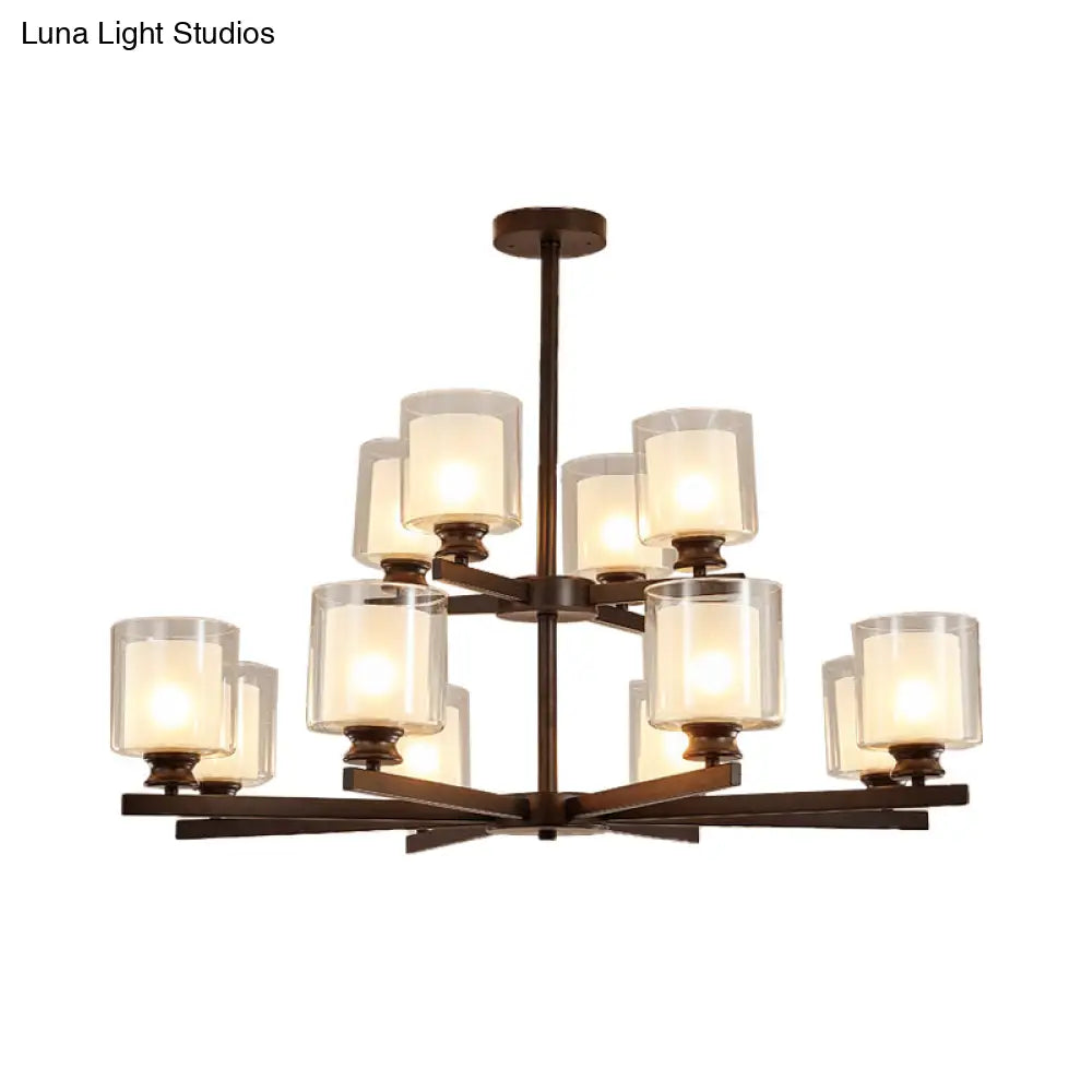 Lámpara de araña modernista de cristal blanco de dos niveles con diseño radial - 12 luces: Lámpara colgante negra/dorada/plateada