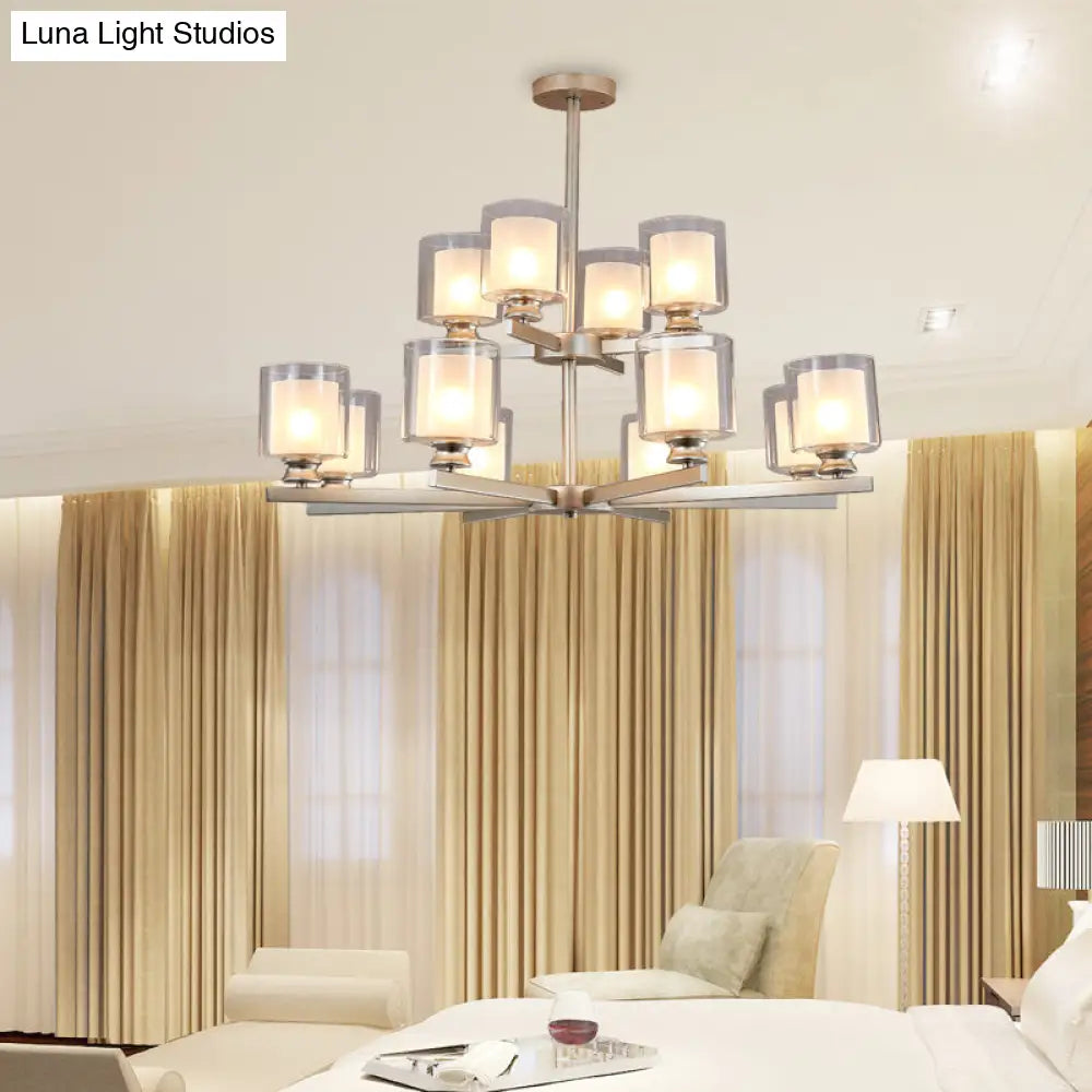 Lámpara de araña modernista de cristal blanco de dos niveles con diseño radial - 12 luces: Lámpara colgante negra/dorada/plateada