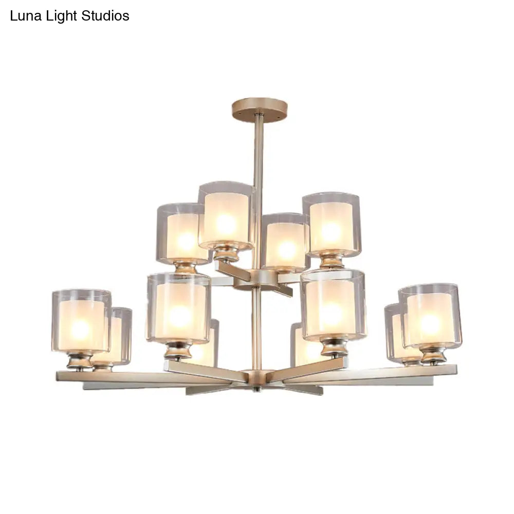 Lámpara de araña modernista de cristal blanco de dos niveles con diseño radial - 12 luces: Lámpara colgante negra/dorada/plateada