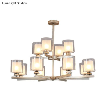 Lámpara de araña modernista de cristal blanco de dos niveles con diseño radial - 12 luces: Lámpara colgante negra/dorada/plateada