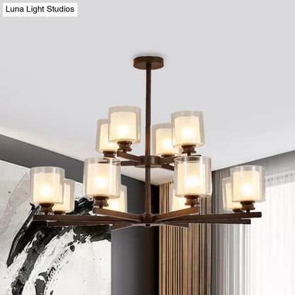 Lámpara de araña modernista de cristal blanco de dos niveles con diseño radial - 12 luces: Lámpara colgante negra/dorada/plateada