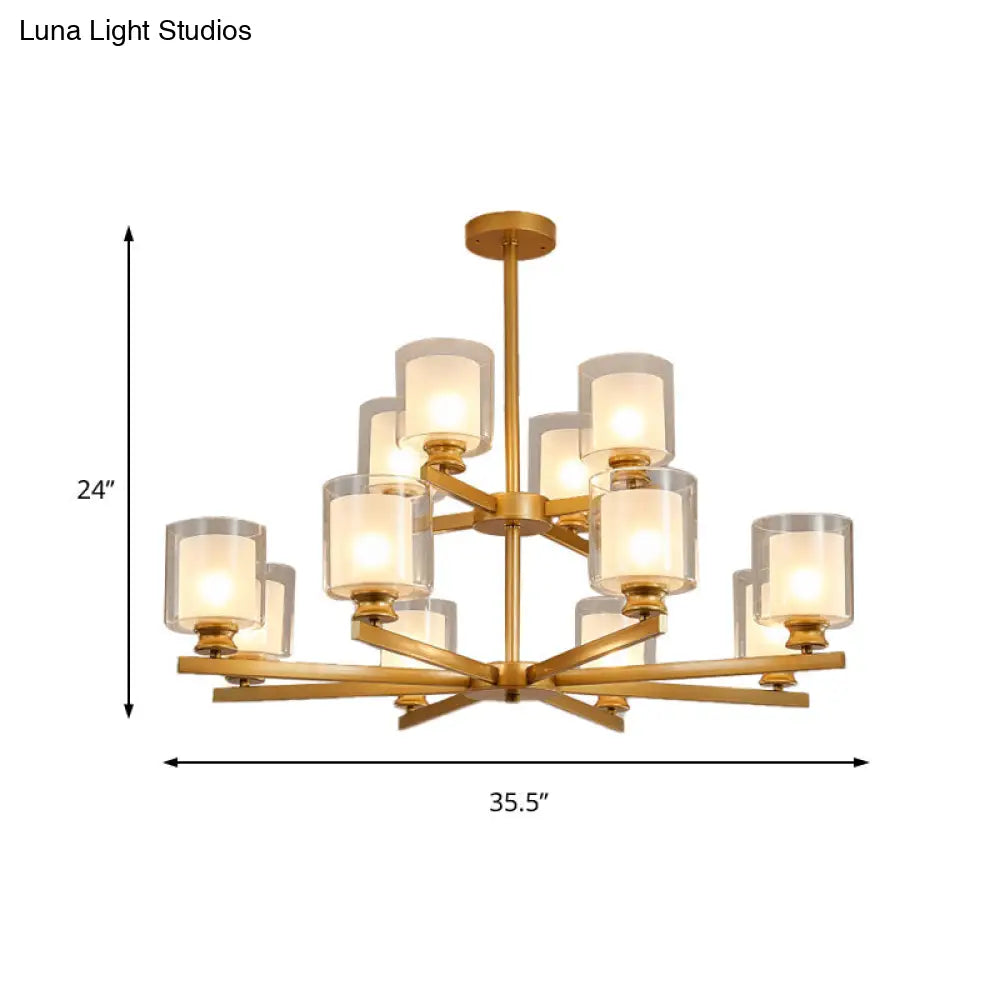 Lámpara de araña modernista de cristal blanco de dos niveles con diseño radial - 12 luces: Lámpara colgante negra/dorada/plateada