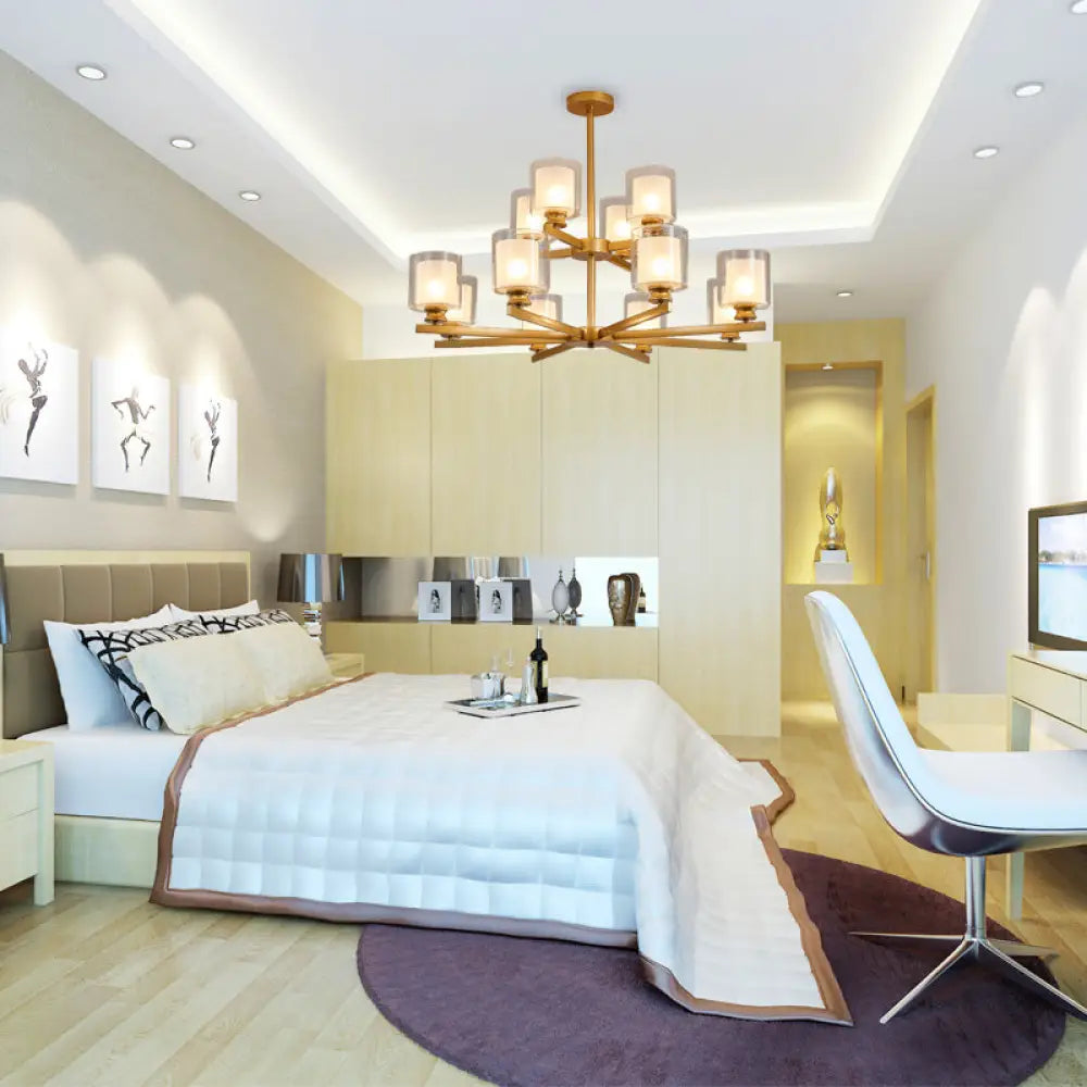 Lámpara de araña modernista de cristal blanco de dos niveles con diseño radial - 12 luces: Lámpara colgante negra/dorada/plateada