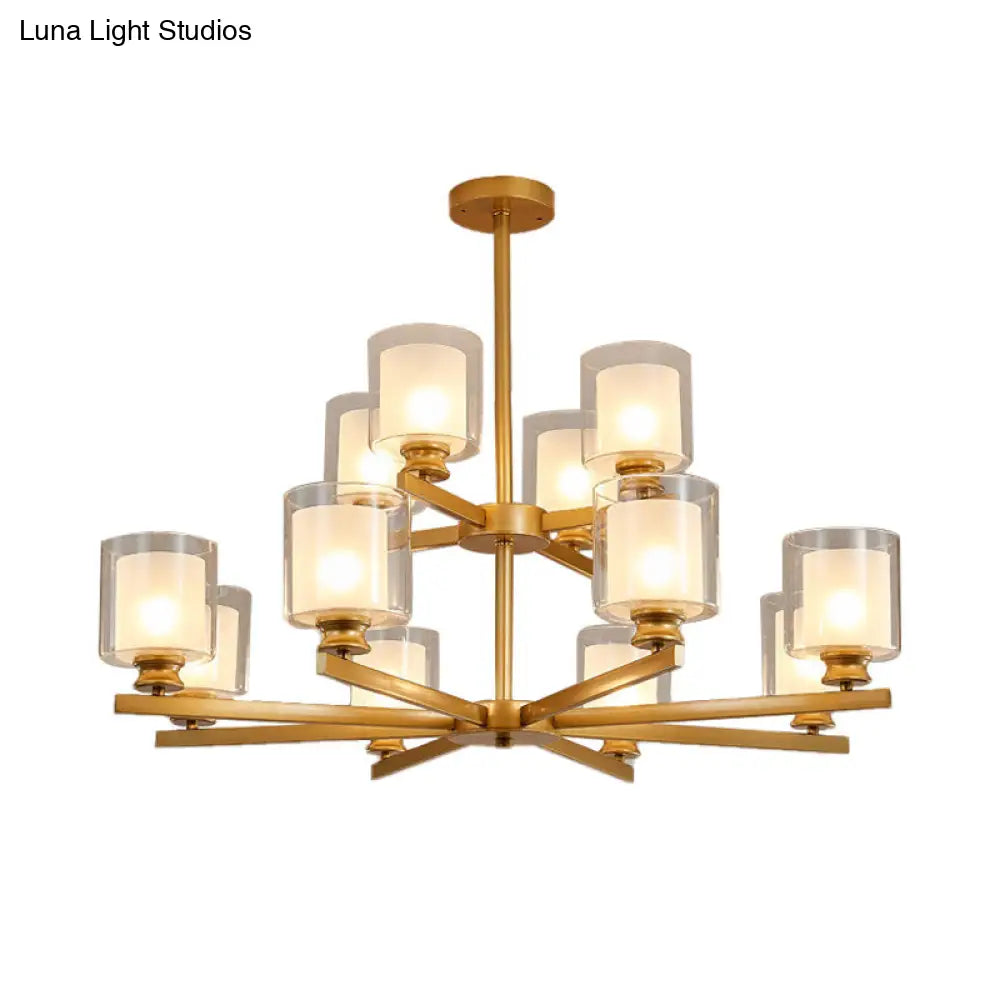 Lámpara de araña modernista de cristal blanco de dos niveles con diseño radial - 12 luces: Lámpara colgante negra/dorada/plateada