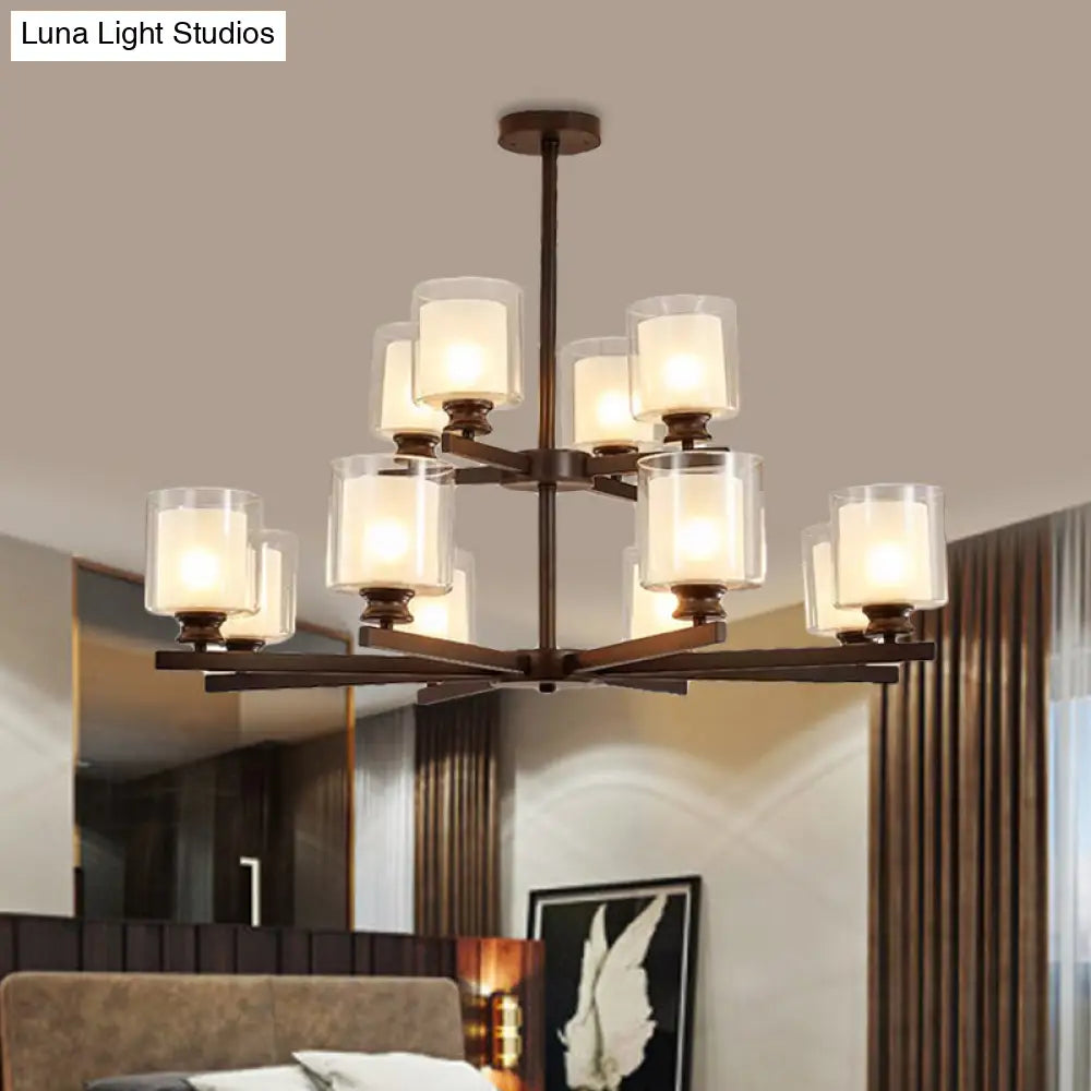 Lámpara de araña modernista de cristal blanco de dos niveles con diseño radial - 12 luces: Lámpara colgante negra/dorada/plateada