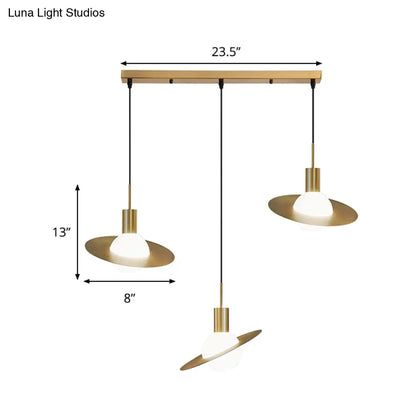 Modernist 3-Head Brass Pendant Light with Milky Glass Cluster - Global Design, Panel Ring Detail