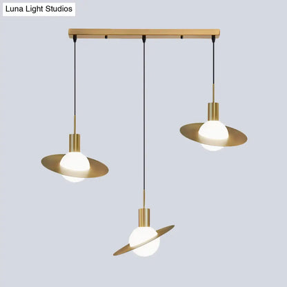 Modernist 3-Head Brass Pendant Light with Milky Glass Cluster - Global Design, Panel Ring Detail