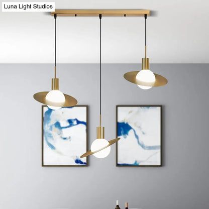 Modernist 3-Head Brass Pendant Light with Milky Glass Cluster - Global Design, Panel Ring Detail