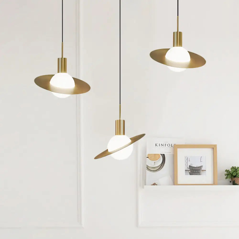 Modernist 3-Head Brass Pendant Light with Milky Glass Cluster - Global Design, Panel Ring Detail