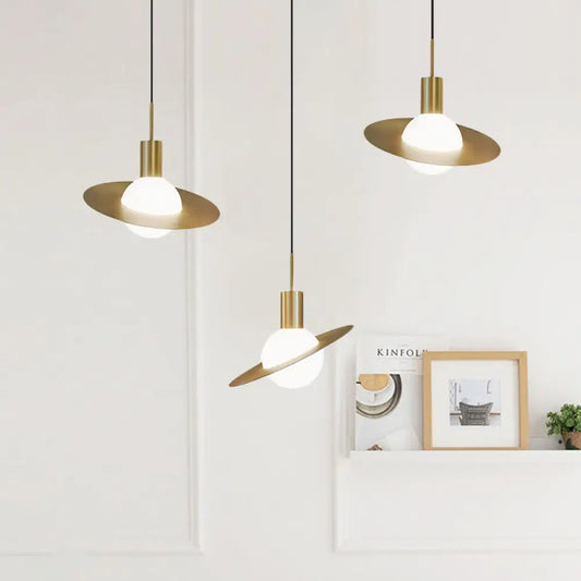 Modernist 3-Head Brass Pendant Light with Milky Glass Cluster - Global Design, Panel Ring Detail