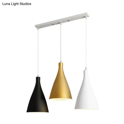 Modernist 3-Light Pendant: White-Black-Gold Conical Ceiling Lamp with Metal Shade, Round/Linear Canopy