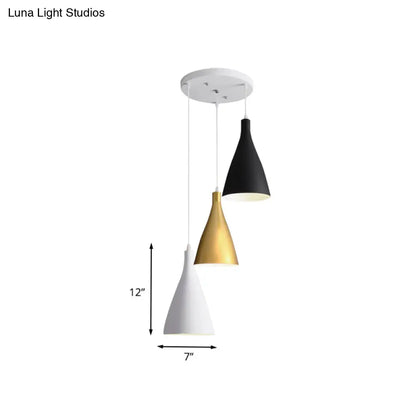 Modernist 3-Light Pendant: White-Black-Gold Conical Ceiling Lamp with Metal Shade, Round/Linear Canopy