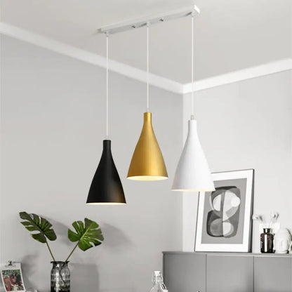 Modernist 3-Light Pendant: White-Black-Gold Conical Ceiling Lamp with Metal Shade, Round/Linear Canopy