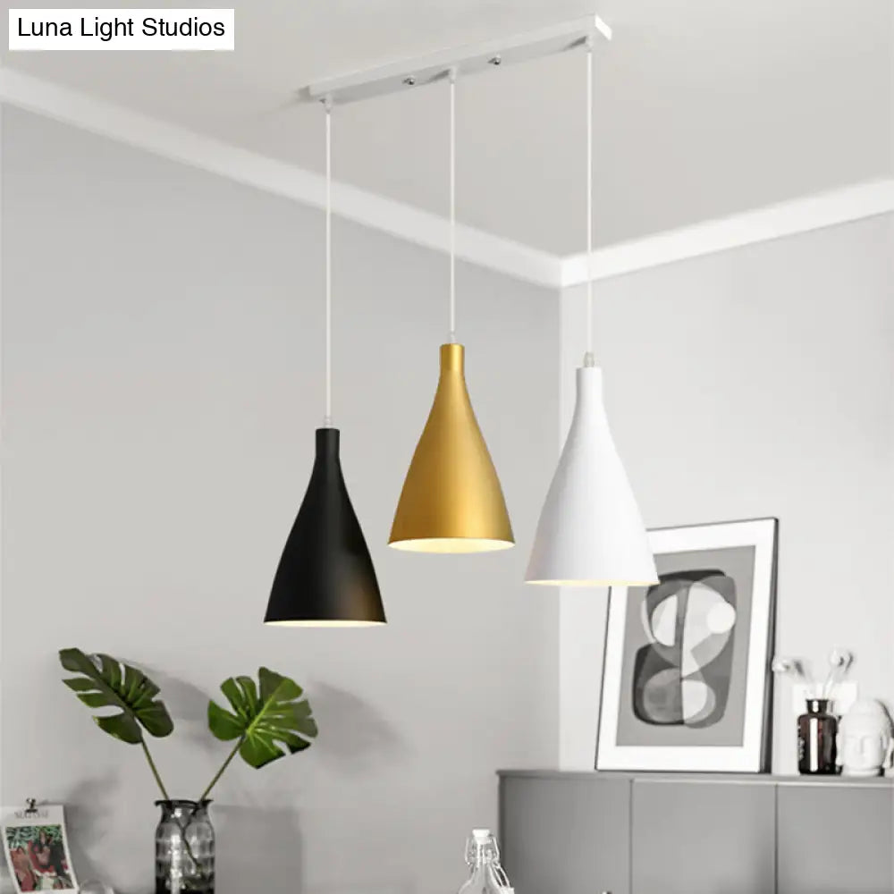 Modernist 3-Light Pendant: White-Black-Gold Conical Ceiling Lamp with Metal Shade, Round/Linear Canopy