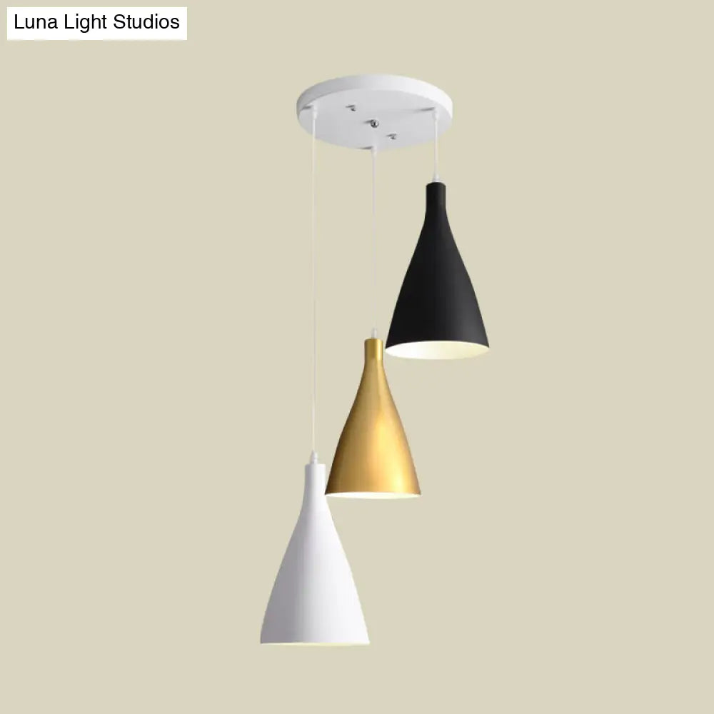 Modernist 3-Light Pendant: White-Black-Gold Conical Ceiling Lamp with Metal Shade, Round/Linear Canopy