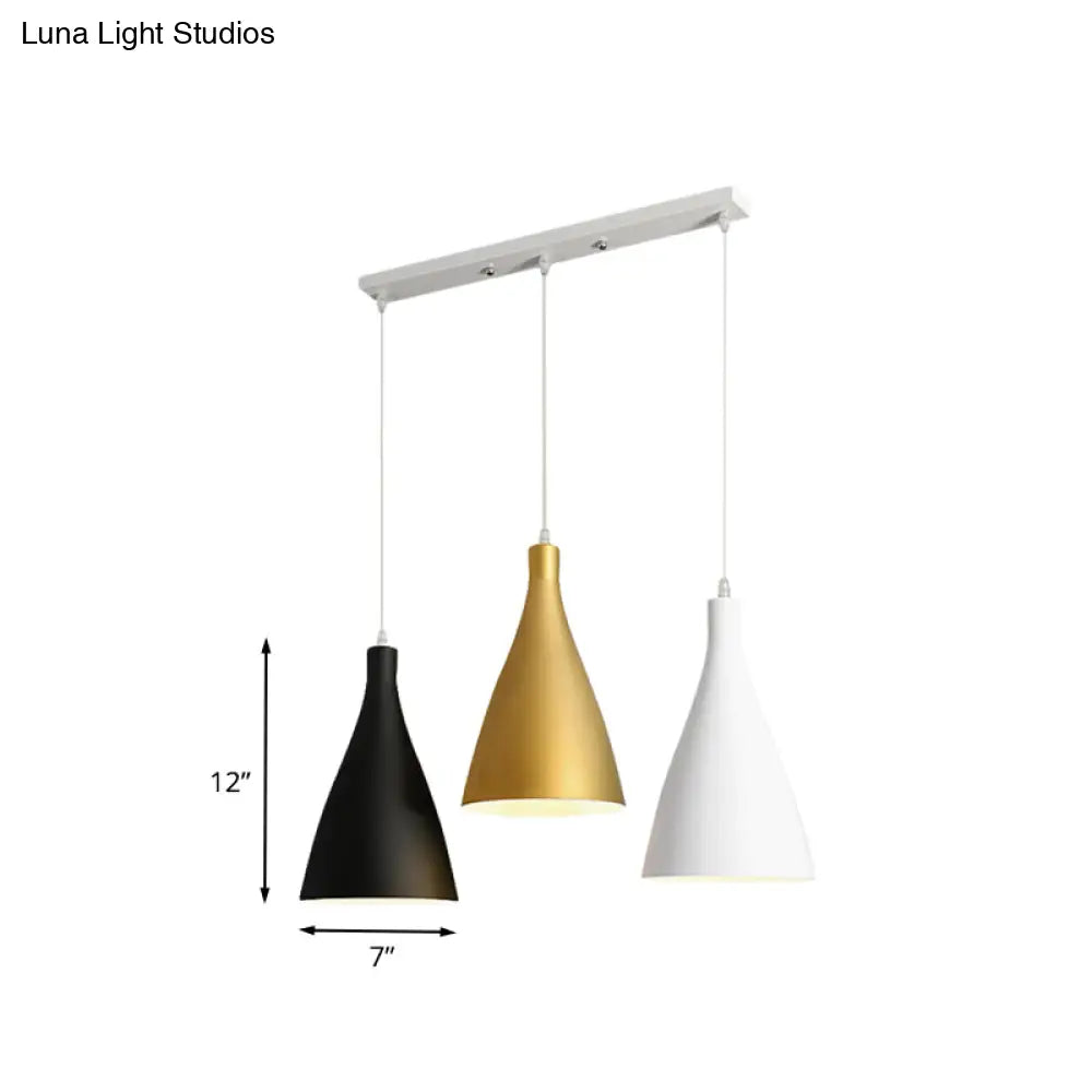 Modernist 3-Light Pendant: White-Black-Gold Conical Ceiling Lamp with Metal Shade, Round/Linear Canopy