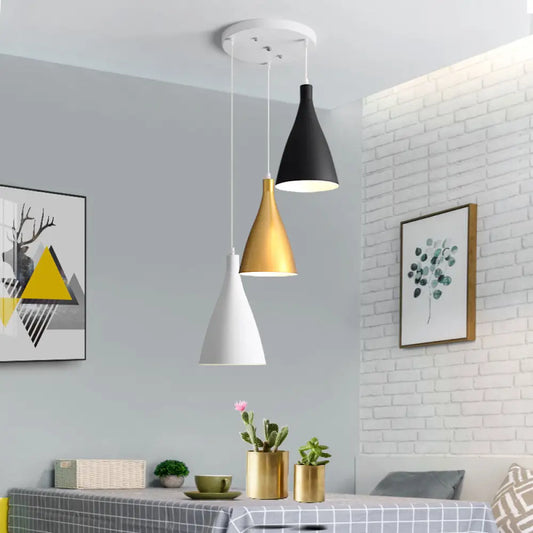 Modernist 3-Light Pendant: White-Black-Gold Conical Ceiling Lamp with Metal Shade, Round/Linear Canopy