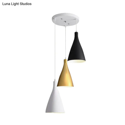 Modernist 3-Light Pendant: White-Black-Gold Conical Ceiling Lamp with Metal Shade, Round/Linear Canopy