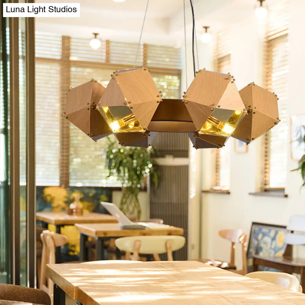 Lámpara de araña modernista de 6 cabezas con forma de poliedro: Lámpara colgante metálica, acabado en madera oscura