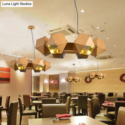 Lámpara de araña modernista de 6 cabezas con forma de poliedro: Lámpara colgante metálica, acabado en madera oscura