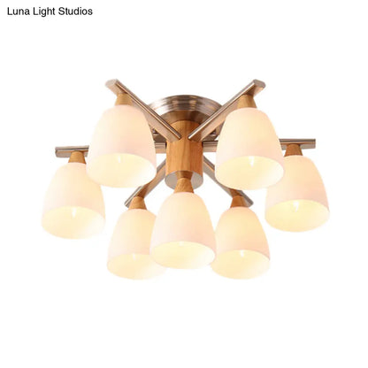 DecorBites™ DecorBites™ Modernist 7-Light Semi Flush Chrome and Wood Cup Ceiling Lamp with Opal Glass Shade