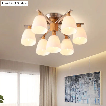 DecorBites™ DecorBites™ Modernist 7-Light Semi Flush Chrome and Wood Cup Ceiling Lamp with Opal Glass Shade