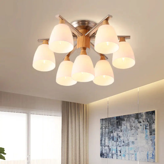 DecorBites™ DecorBites™ Modernist 7-Light Semi Flush Chrome and Wood Cup Ceiling Lamp with Opal Glass Shade
