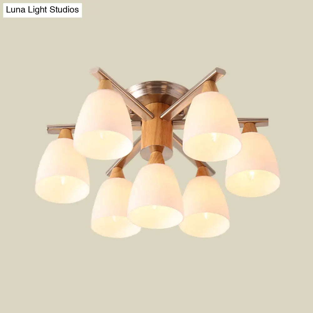 DecorBites™ DecorBites™ Modernist 7-Light Semi Flush Chrome and Wood Cup Ceiling Lamp with Opal Glass Shade