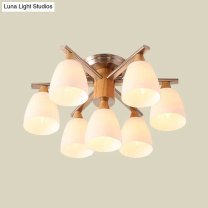 DecorBites™ DecorBites™ Modernist 7-Light Semi Flush Chrome and Wood Cup Ceiling Lamp with Opal Glass Shade
