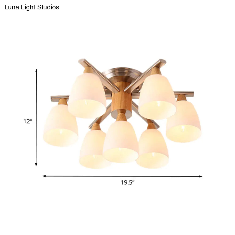 DecorBites™ DecorBites™ Modernist 7-Light Semi Flush Chrome and Wood Cup Ceiling Lamp with Opal Glass Shade