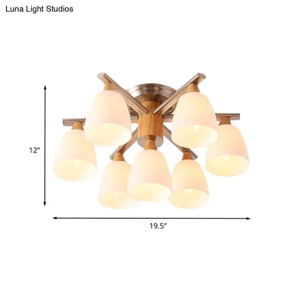 DecorBites™ DecorBites™ Modernist 7-Light Semi Flush Chrome and Wood Cup Ceiling Lamp with Opal Glass Shade