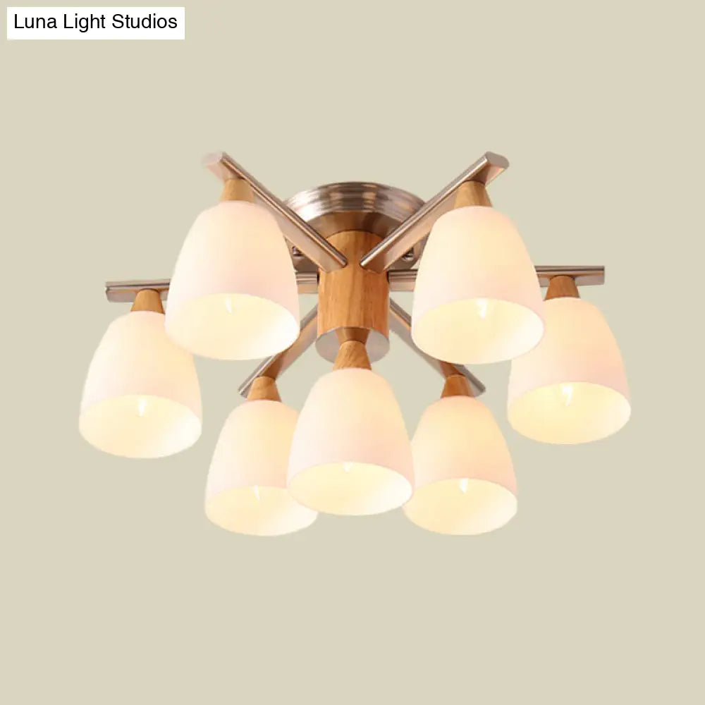 DecorBites™ DecorBites™ Modernist 7-Light Semi Flush Chrome and Wood Cup Ceiling Lamp with Opal Glass Shade