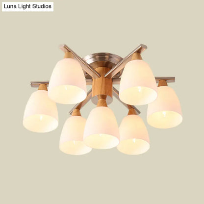 DecorBites™ DecorBites™ Modernist 7-Light Semi Flush Chrome and Wood Cup Ceiling Lamp with Opal Glass Shade