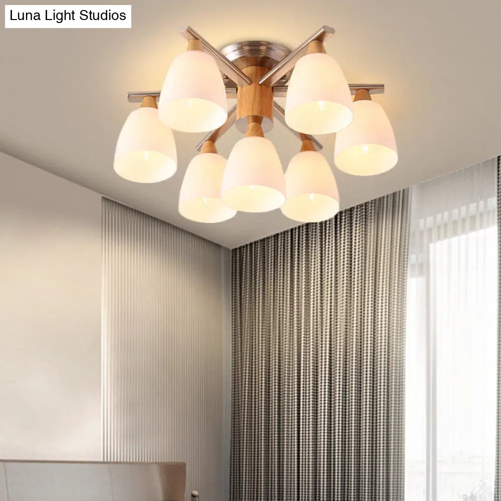 DecorBites™ DecorBites™ Modernist 7-Light Semi Flush Chrome and Wood Cup Ceiling Lamp with Opal Glass Shade