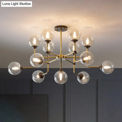 Modernist Amber Glass Globe Semi Flush Ceiling Mount Light Fixture (9/13 Bulbs) in Brass