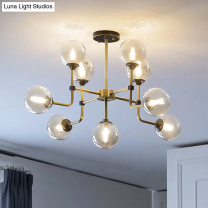 Modernist Amber Glass Globe Semi Flush Ceiling Mount Light Fixture (9/13 Bulbs) in Brass